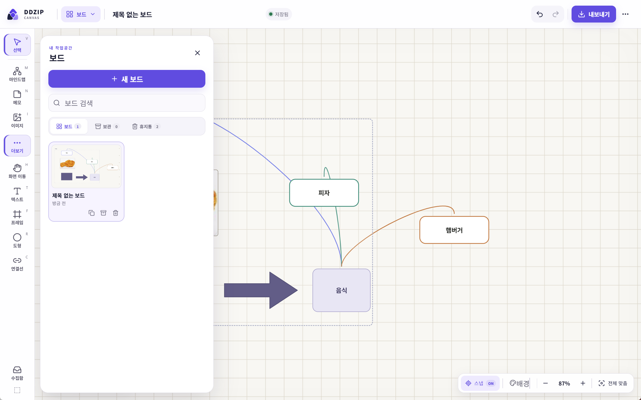 보드 목록 패널이 열린 DDZIP Canvas 화면