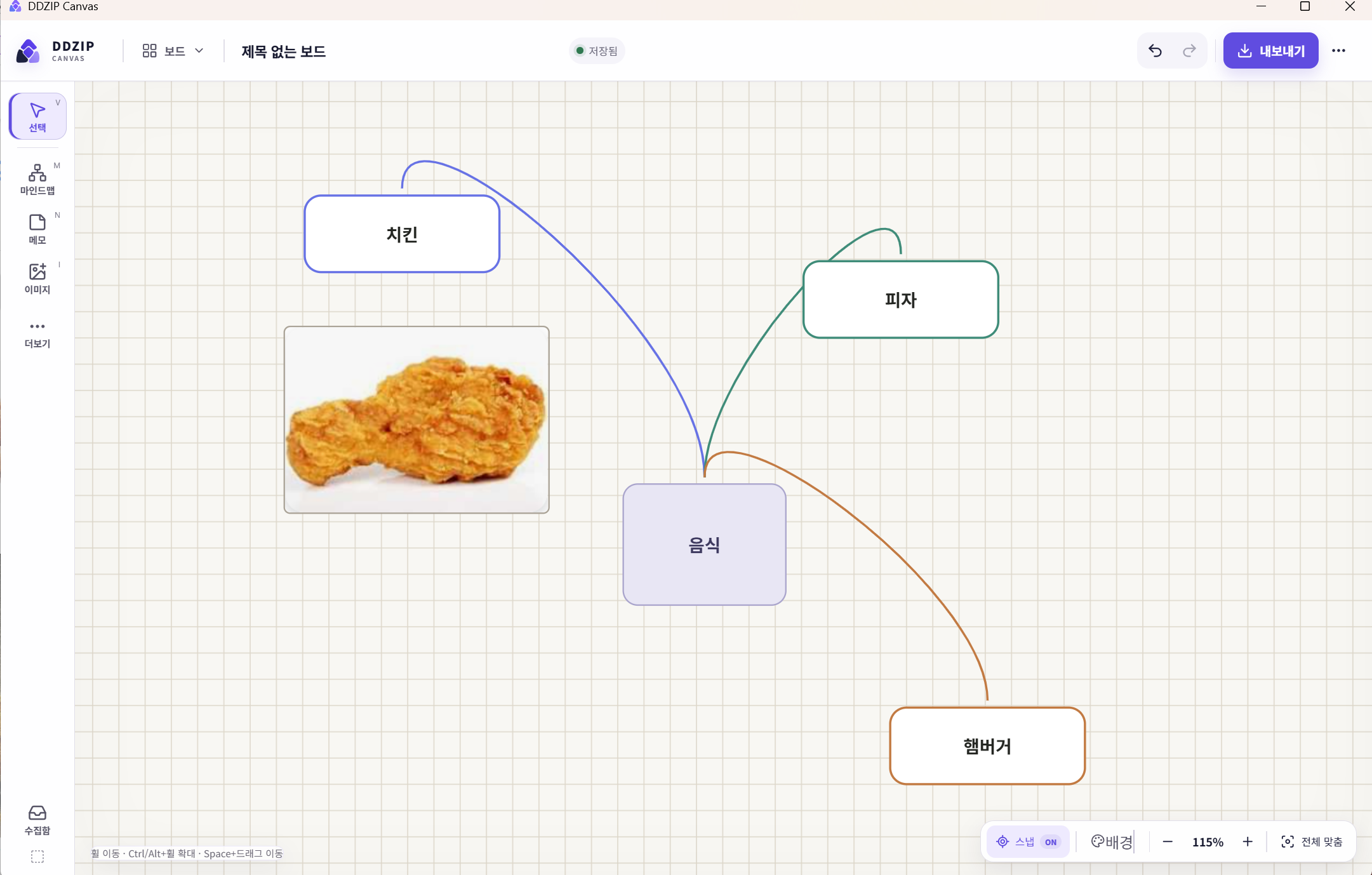 이미지와 음식 마인드맵이 연결된 DDZIP Canvas 화면